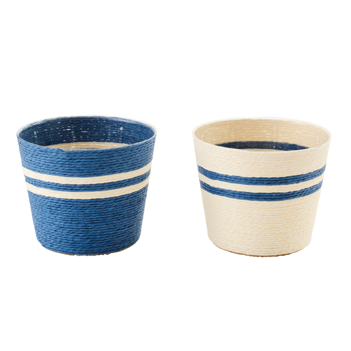 J-Line bloempot Gestreept - papier - wit/blauw - small - set van 2