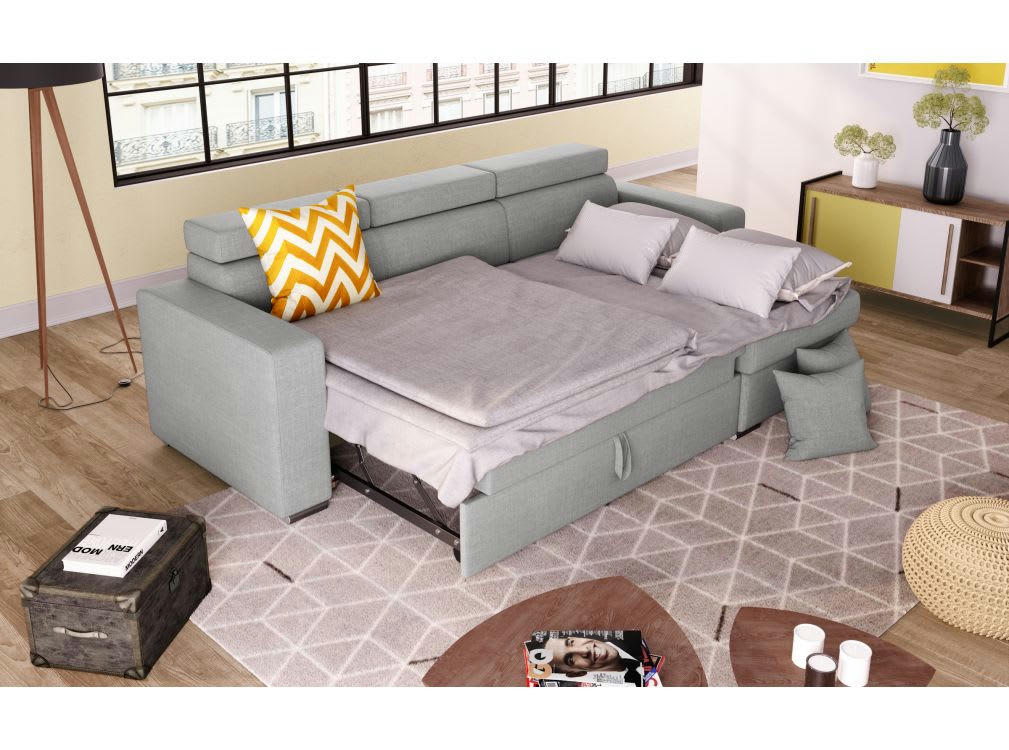 LESLIE - Canapé d'angle convertible et Réversible en Tissu - Gris clair