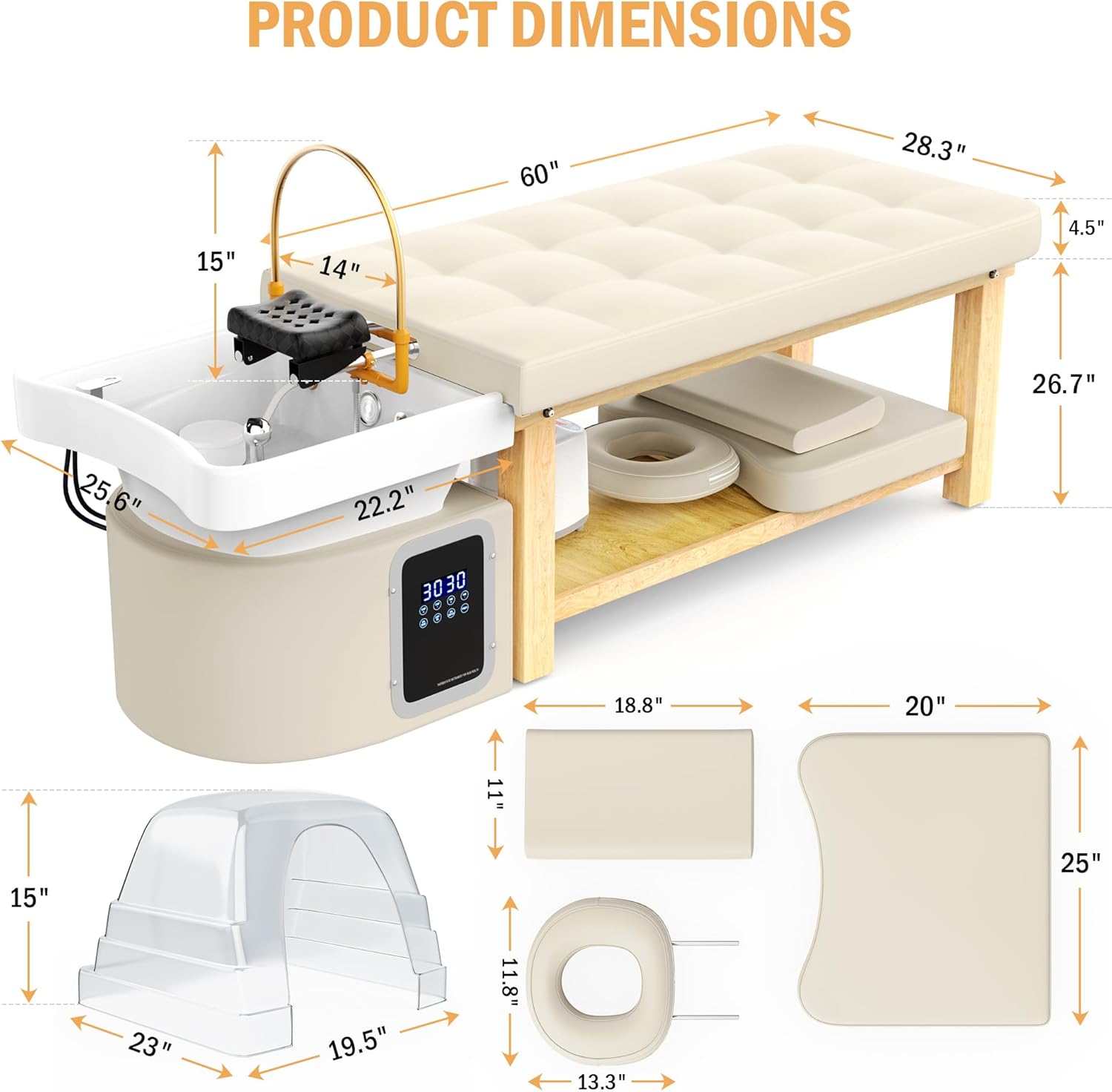 pouseayar Stationary Head Spa Massage Table with Water Cycle & Fumigation Salon Equipment for Beauty Head Spa Physical Therapy Massage, Wood Frame, Beige Gray PU Leather