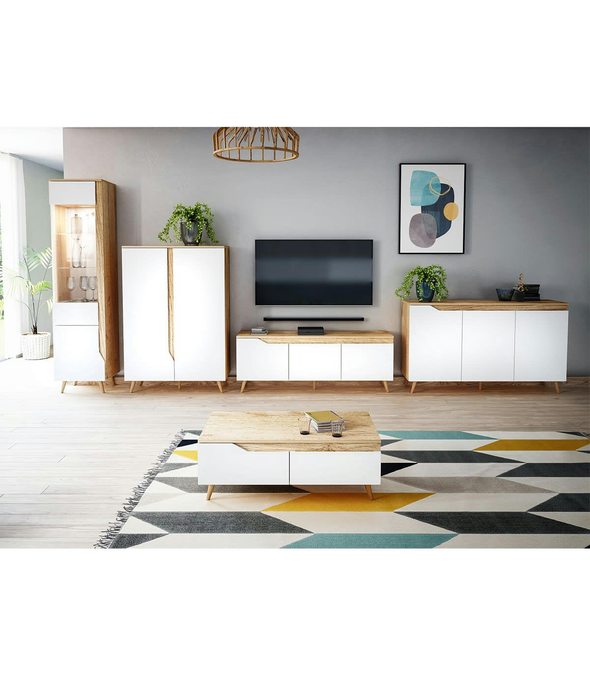 TREE - Colonne de Rangement avec Porte Vitrée L46 cm - Décor bois et blanc