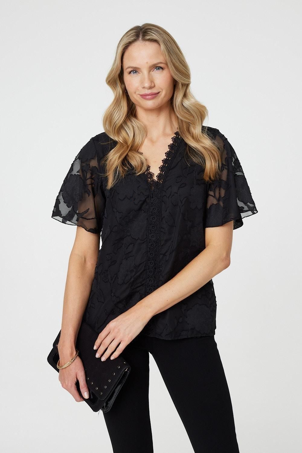 Izabel London Floral Lace Detail Flared Sleeve Blouse