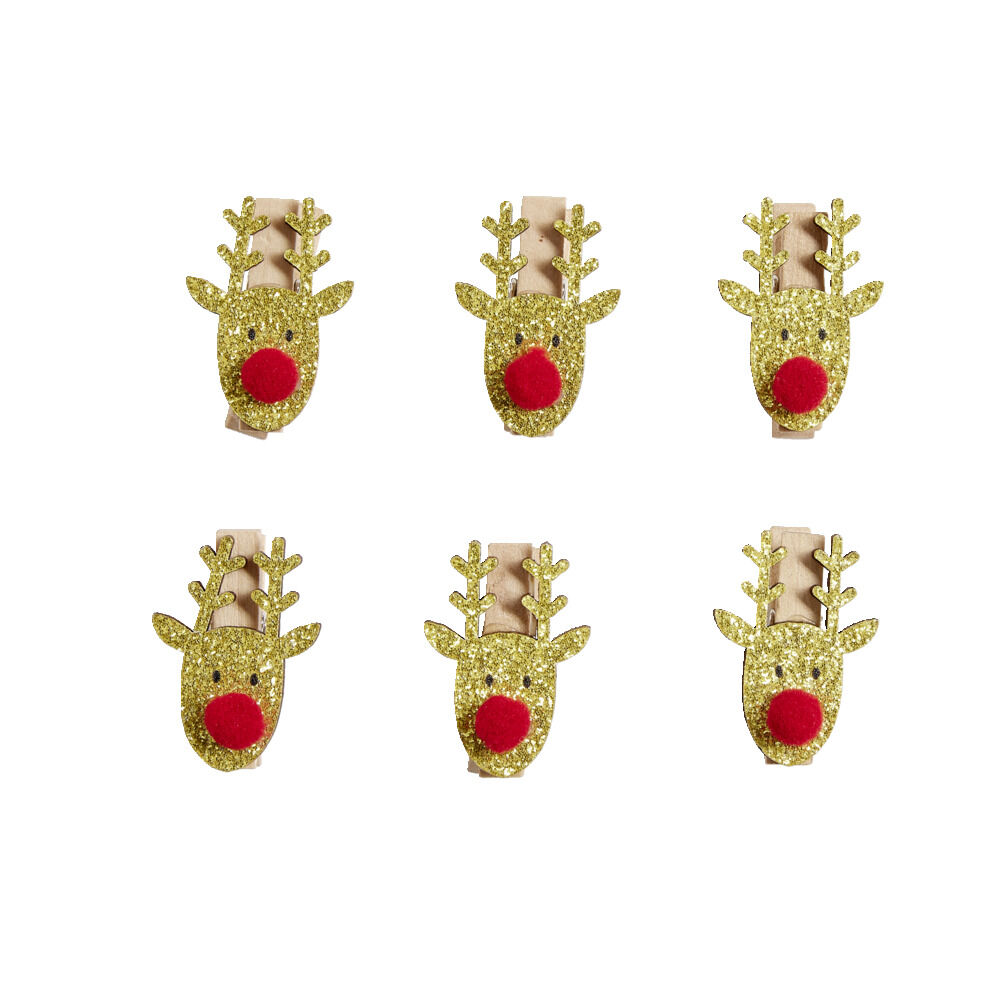 Mini pince en bois forme tête de renne rouge et dorée 6 pièces