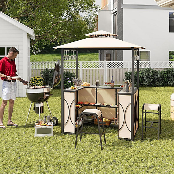 3 Pcs Abri Barbecue avec Bar Extérieur Table de Bar en Verre Trempé 2 Tabourets Porte Verres Abri de Grill Double Toit