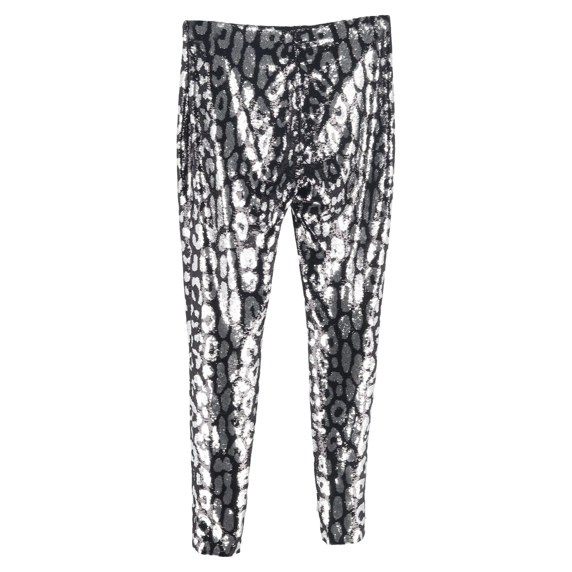 Tom Ford Preloved Leopard Print Sequined Leggings in Silver Polyamide