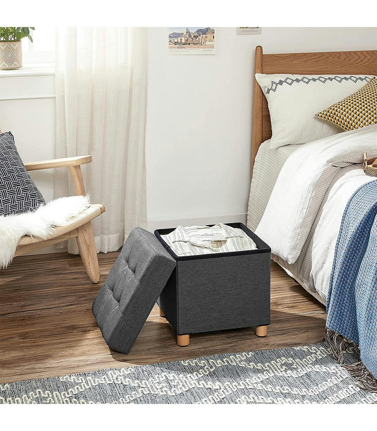 - Tabouret de Rangement sur Pieds, Pliable L38 cm - Gris