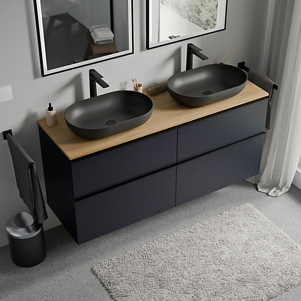 Meuble sous vasque suspendu MDF Bleu nuit mat, plan vasque Chêne miel, poignée Anthracite mat - 120x46x62cm - LAVOA