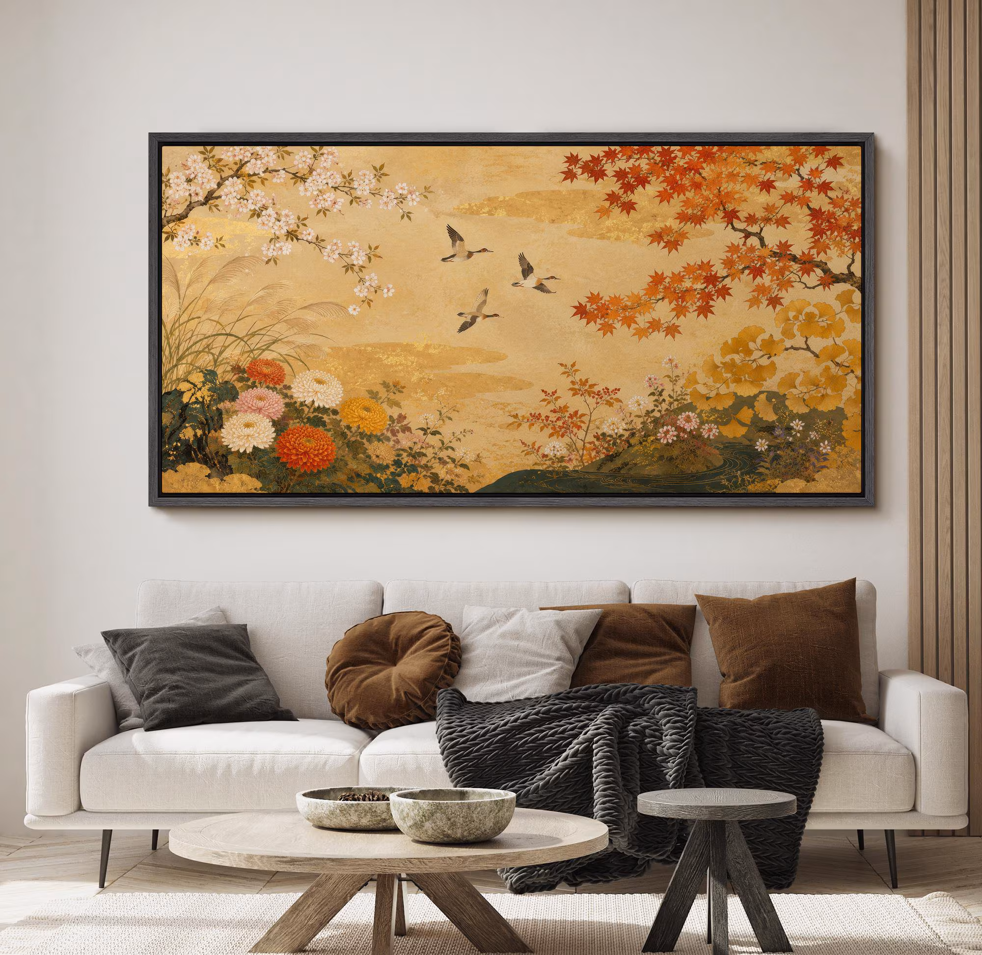 Large Vintage Autumn Floral Bird Maple Framed Wall Art, East Asian Landscape Canvas Print, Antique Nature Living Room Decor