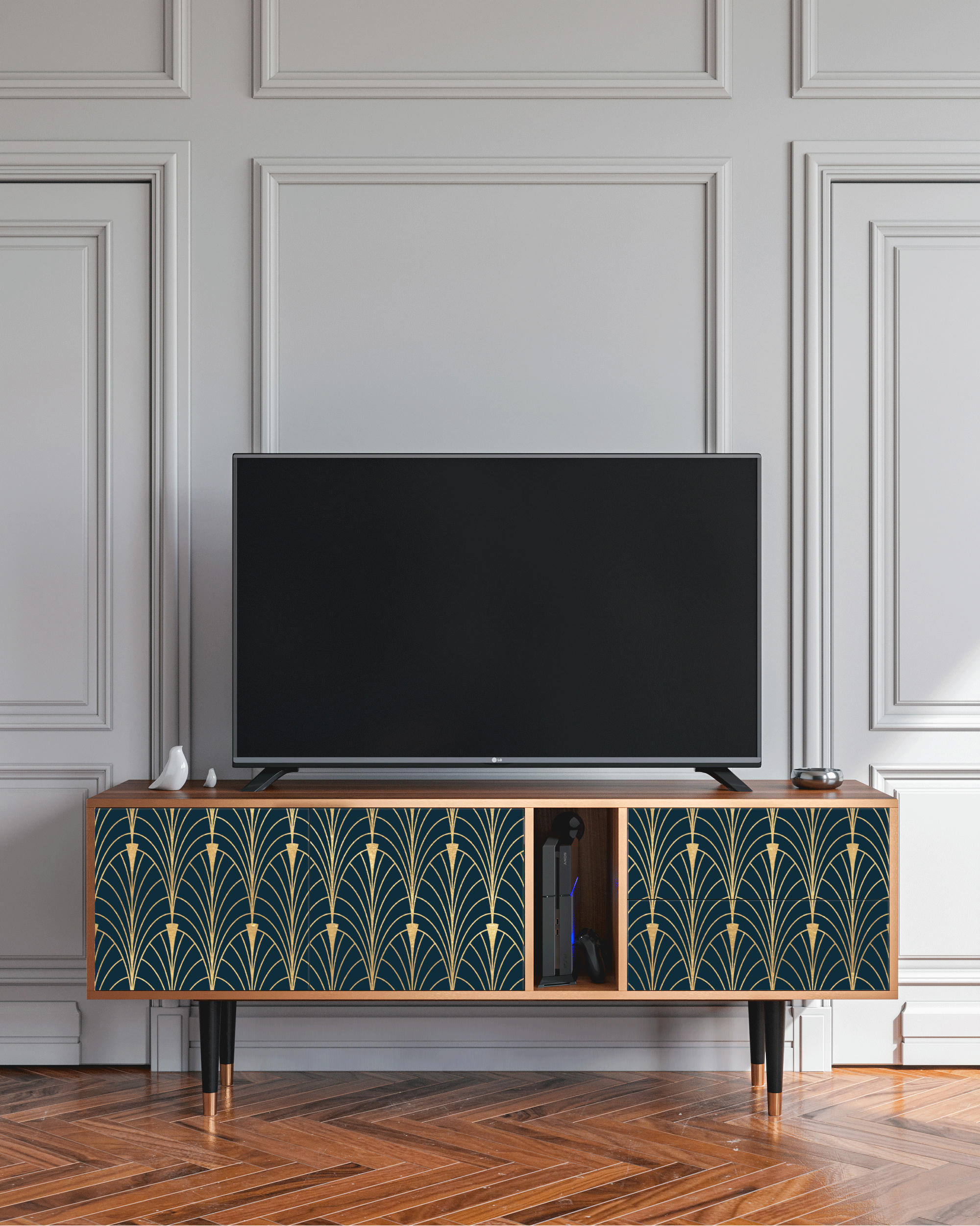 FLOWER OF THE NILE - Meuble TV  bleu et jaune 2 tiroirs et 2 portes L 170 cm