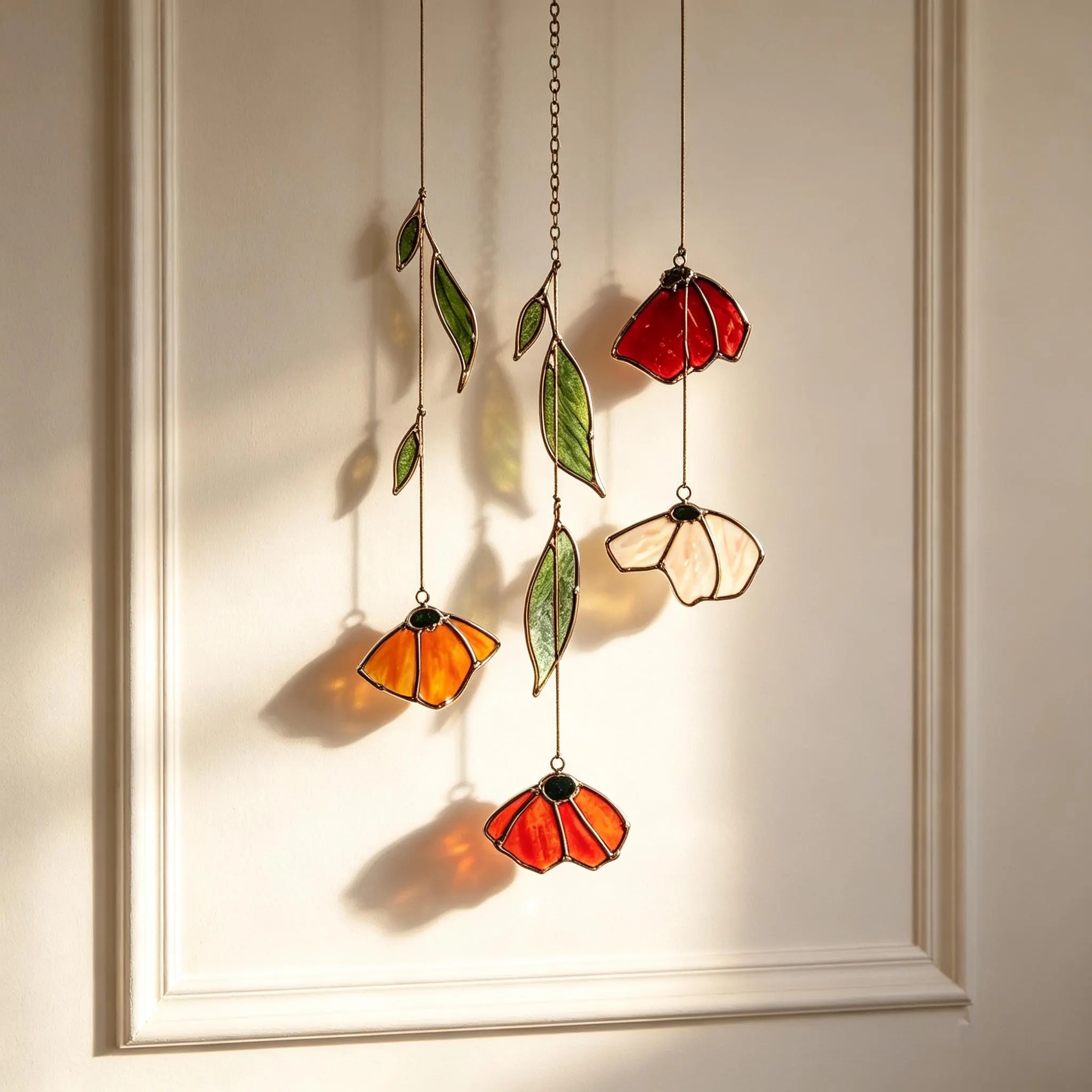 Autumn Poppy Leaf Stained Glass Suncatcher, Handmade Floral Wind Chime Porch Window Decor, Thanksgiving Gift Custom Garden Light Catcher Art