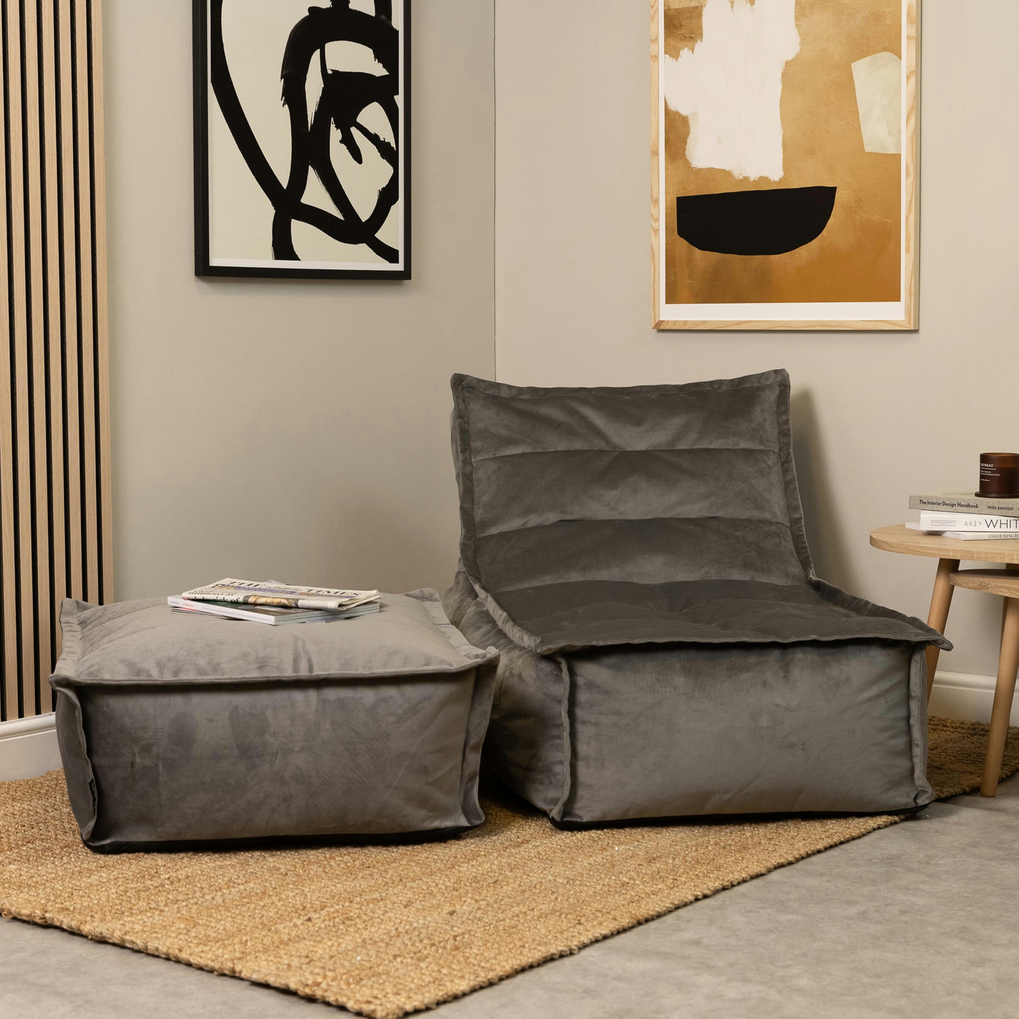 DOLCE - Pouf velours avec large repose-pieds gris anthracite