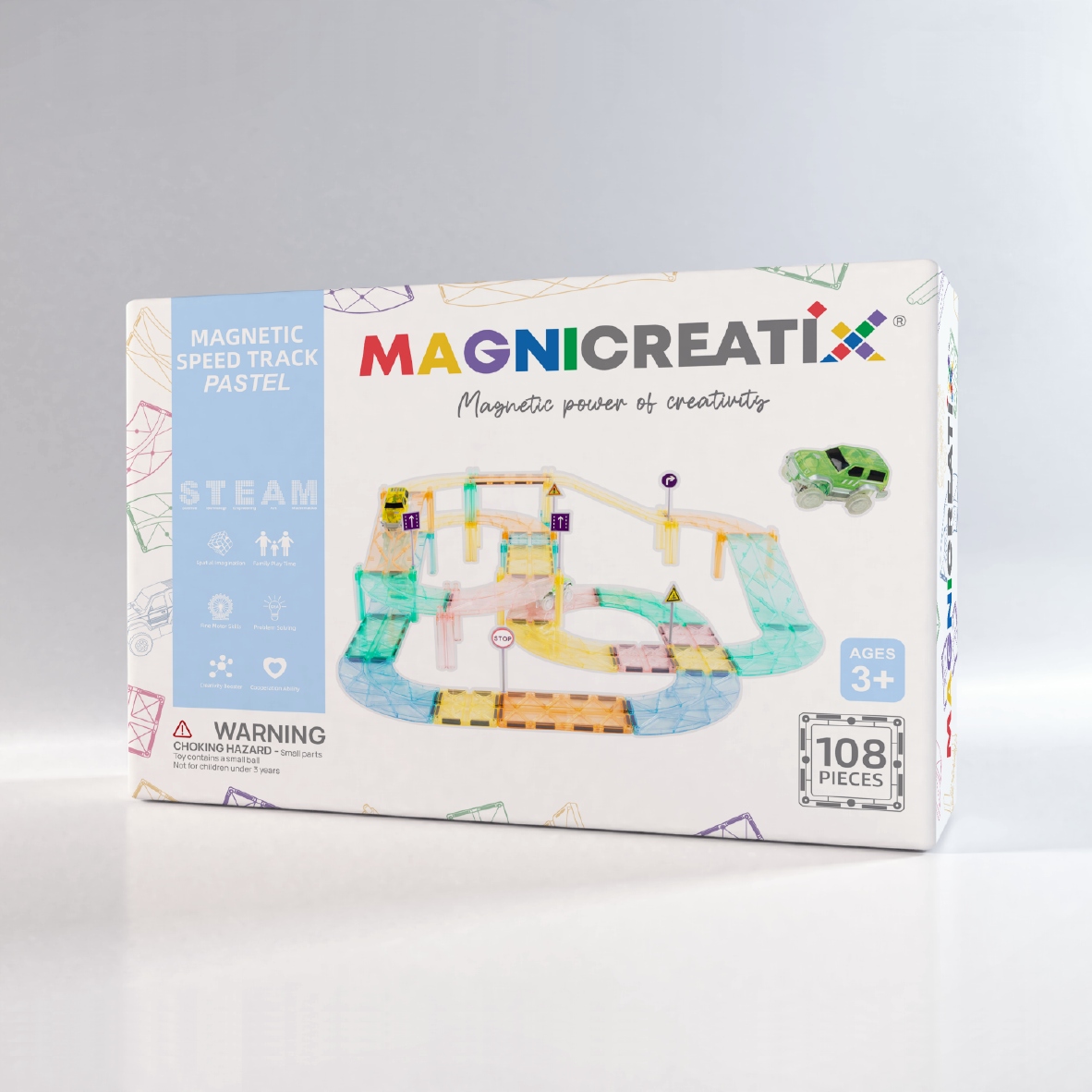 KLOCKI Magnetyczne Tor Wyścigowy SAMOCHODOWY MAGNICREATIX 108 el.