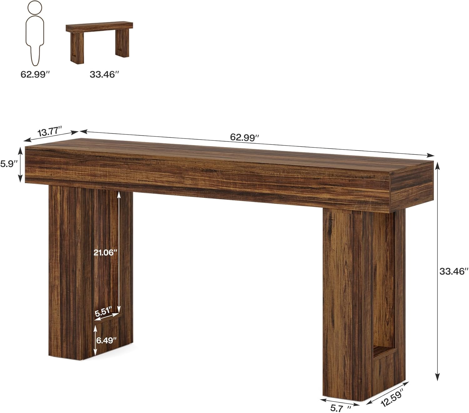 Tribesigns 63-Inch Long Console Table, MDF Wood Grain Rectangular Sofa Table Behind The Couch, Farmhouse Entryway Table for Entrance, Hallway, Living Room (Rustic Brown)