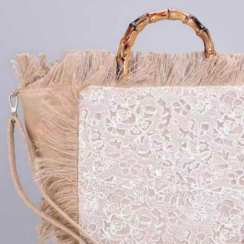PEACH ACCESSORIES Boho Lace & Burlap Tote Bag with Bamboo Handle