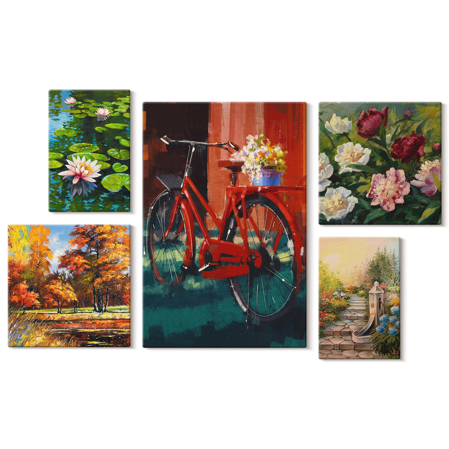 Obraz canvas 5 części Kwiaty i rower|20x30, 30x30, 40x60|Wallfluent