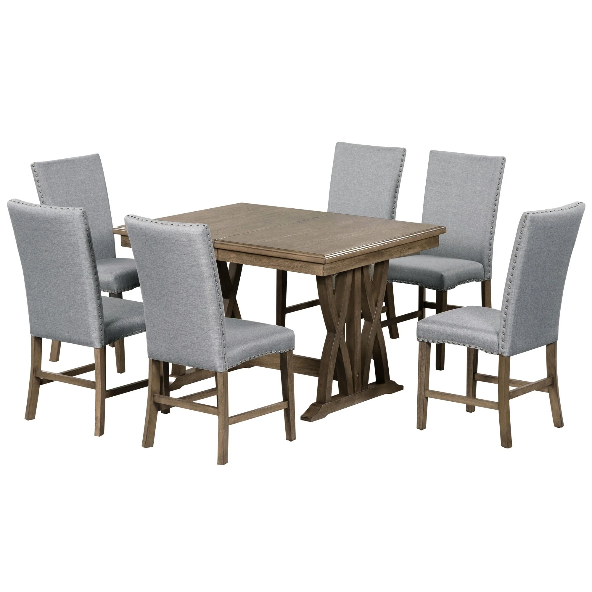 Roomfitters Mid-Century 7-Piece Extendable Wood Dining Table Set with Upholstered Chairs and 12 Leaf, Gray