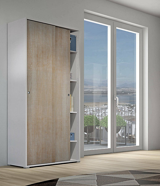 Armoire Dbuti, armoire avec 2 portes coulissantes et 4 Etageres, mobilier de chambre polyvalent, 90x45h195 cm, Chêne et Blanc