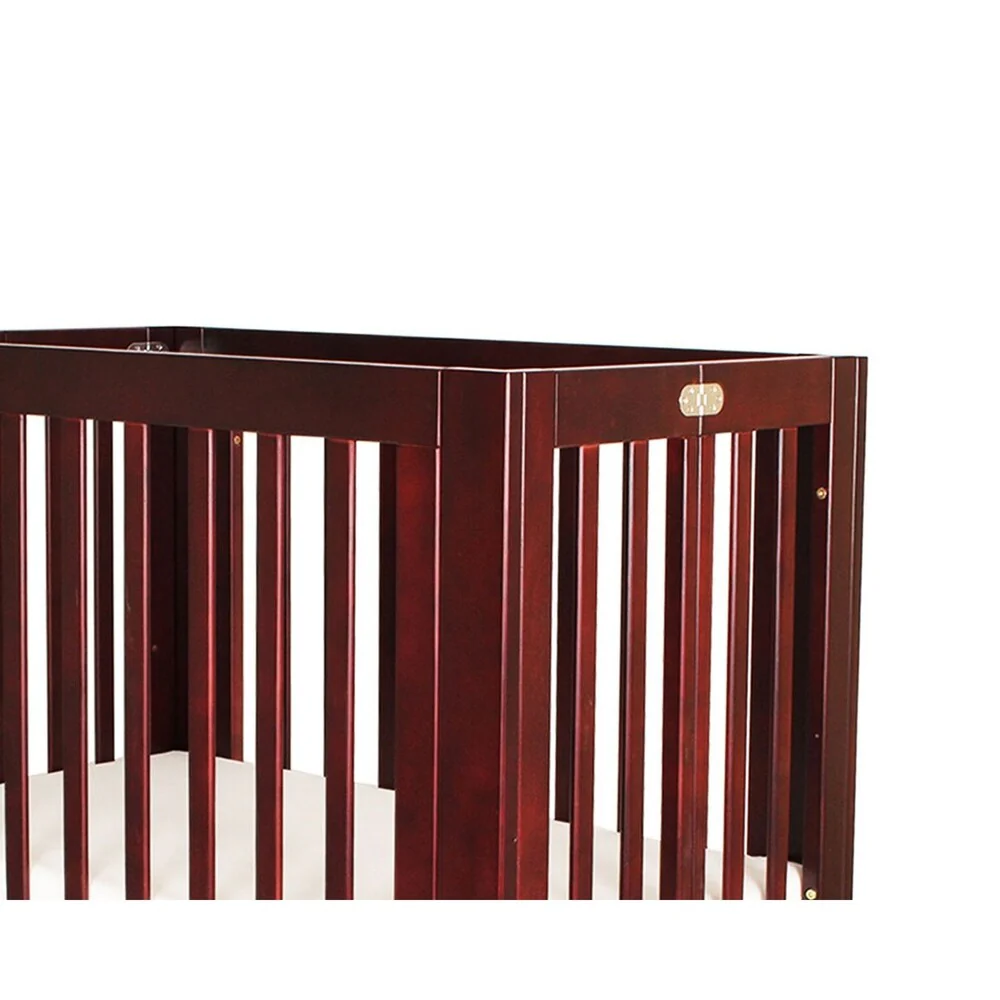 Slatted Wooden Crib with Folding Mechanism and Casters, Cherry Brown