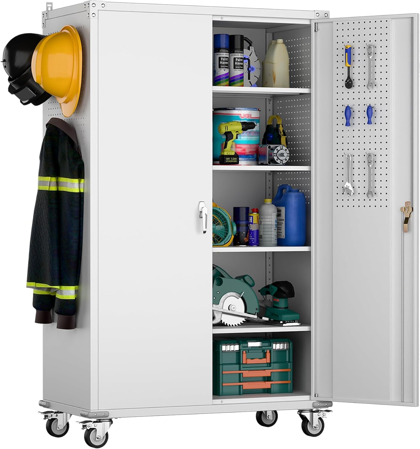 Aobabo Extra Large Garage Storage Cabinet on Wheels, Metal Storage Cabinets with 4 Adjustable Shelves, 3 Pegboards and 2 Tool Pouches for Home Office Stash, Assembly Required
