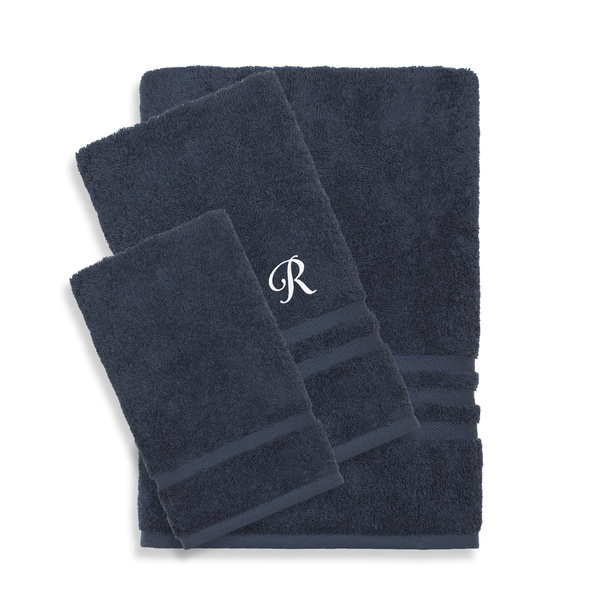 Authentic Hotel and Spa Omni Turkish Cotton Terry 3-piece Navy Blue Bath Towel Set with White Script Monogrammed Initial