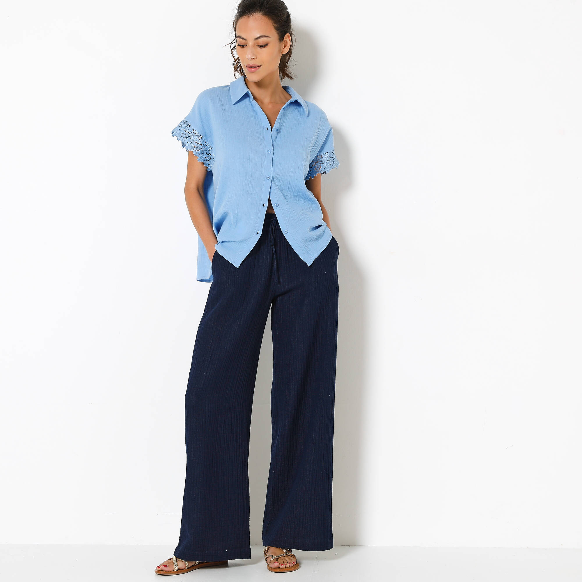 Pantalon large taille haute effet jean, en gaze de coton