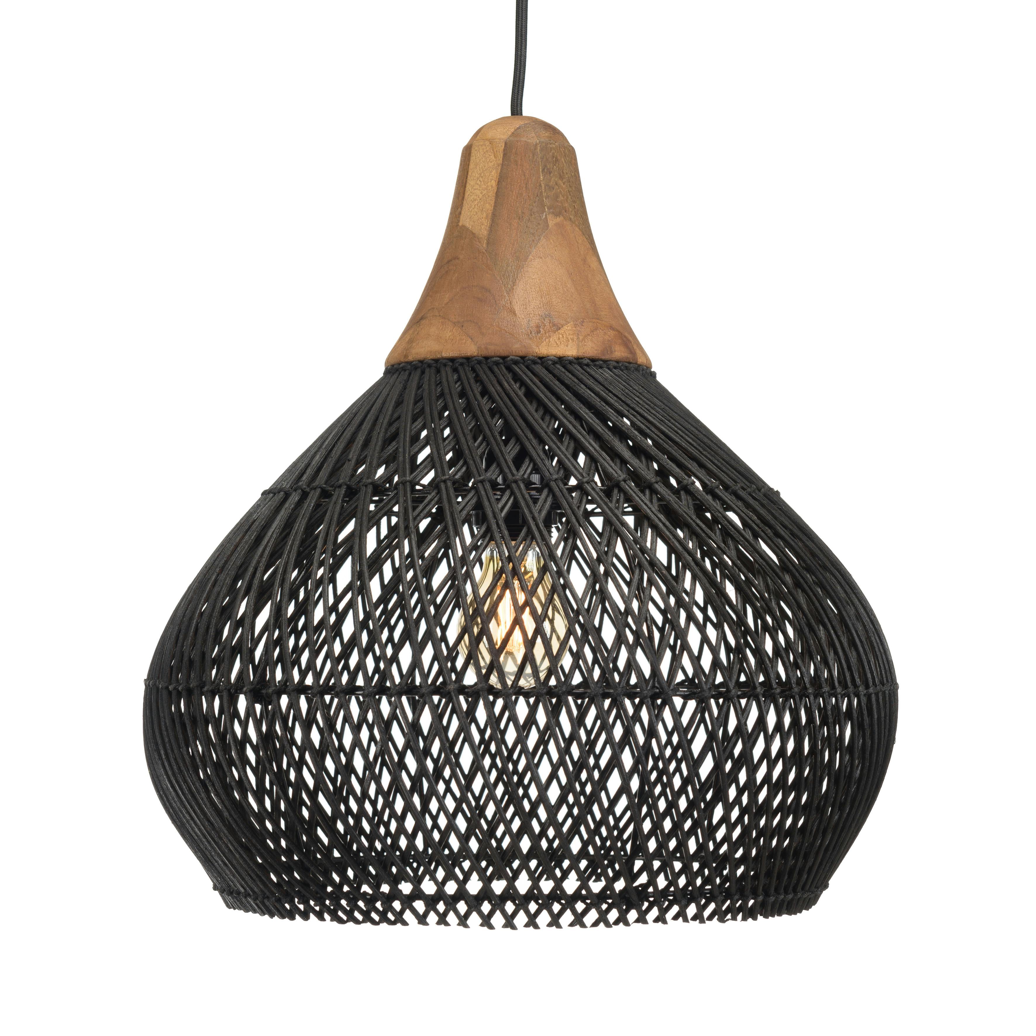 Suspension cloche 40x40cm en rotin couleur noire et teck FOLELLI