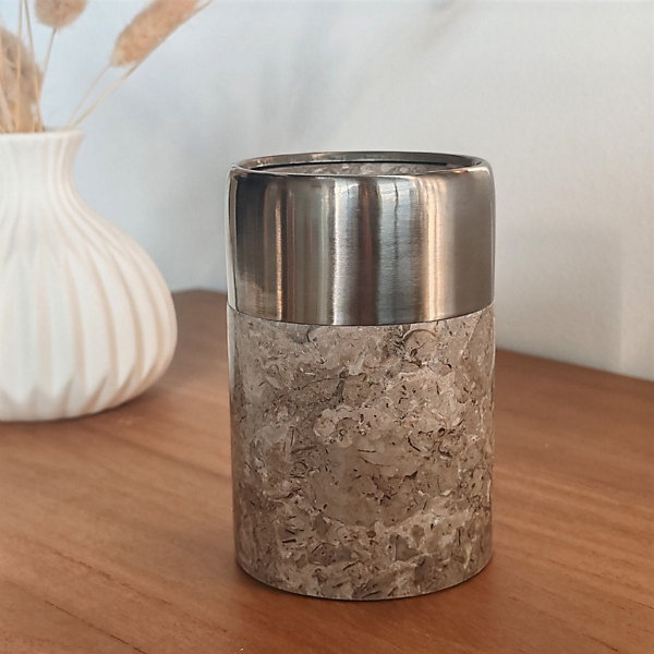 Gobelet salle de bain en marbre et inox gris