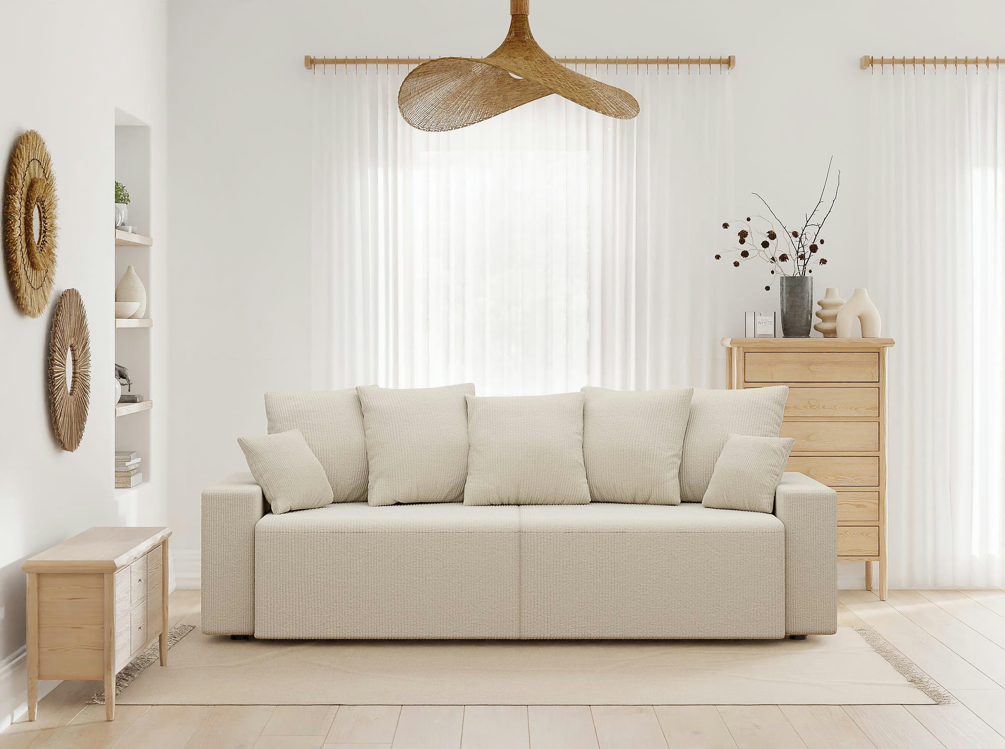 ALMA - Canapé droit convertible en velours côtelé 3 places beige