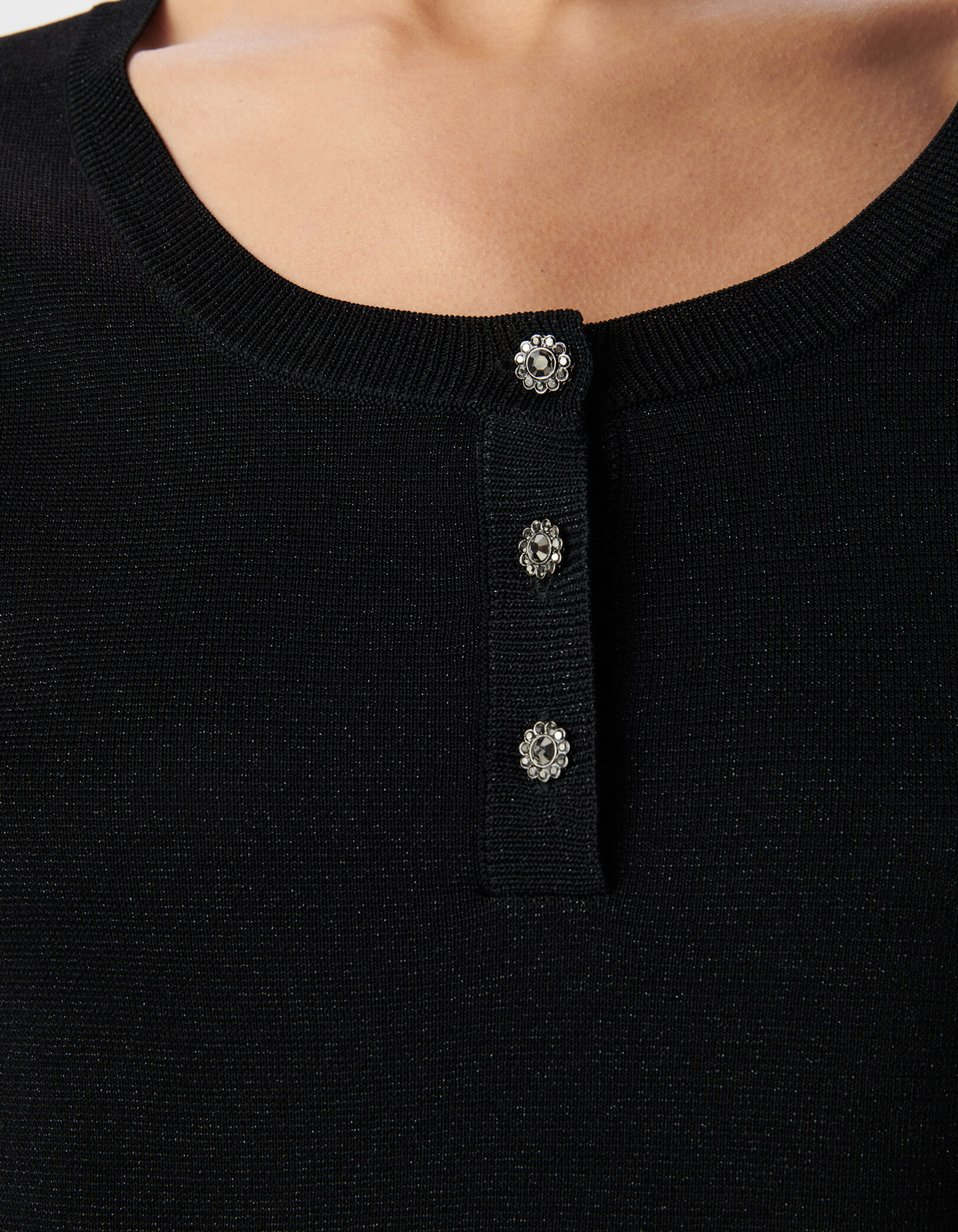Pull fin noir pailleté encolure boutonnée Femme