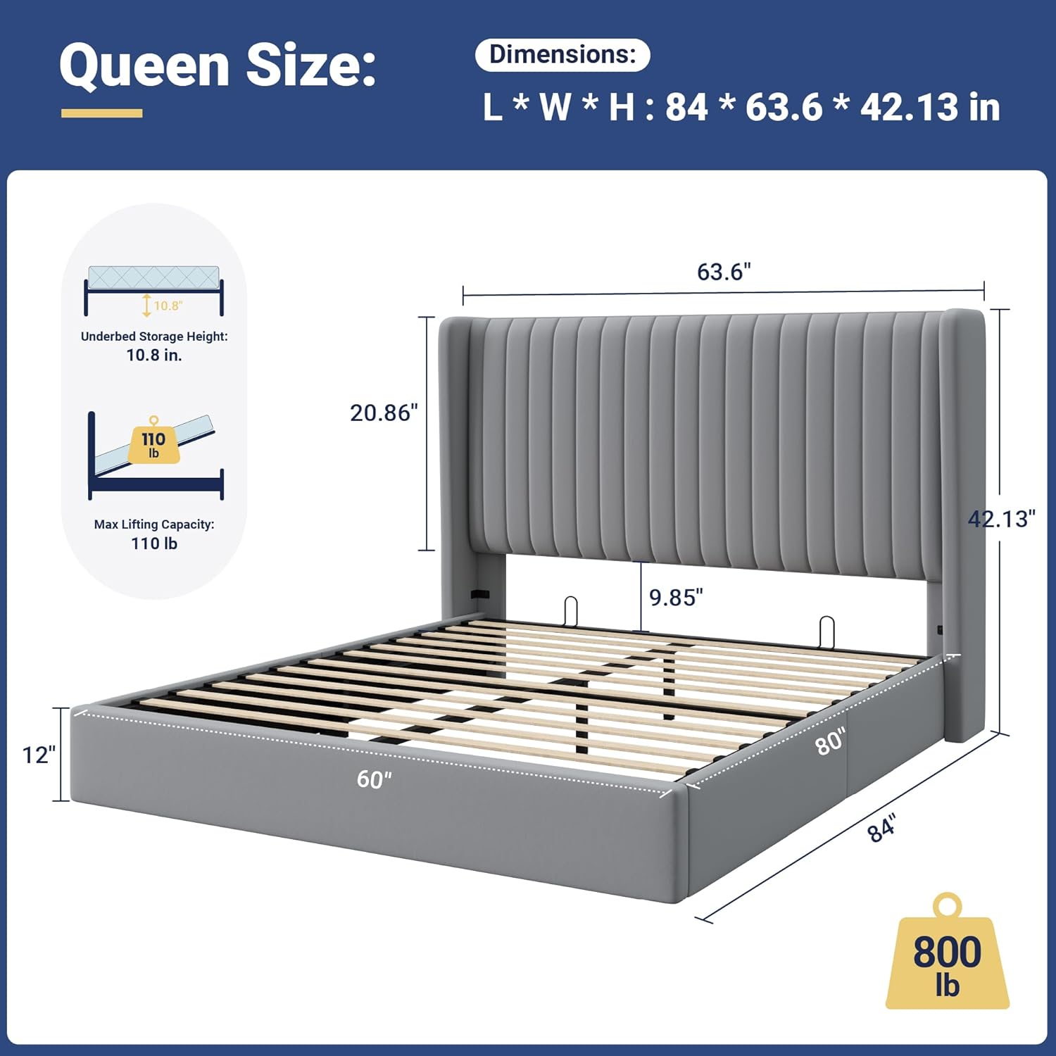 Allewie Queen Size Lift Up Storage Bed Frame, Hydraulic Support System, Upholstered Platform Bed Frame, Underneath Storage, Vertical Channel Tufted Headboard with Wingback, No Box Spring Needed, Grey