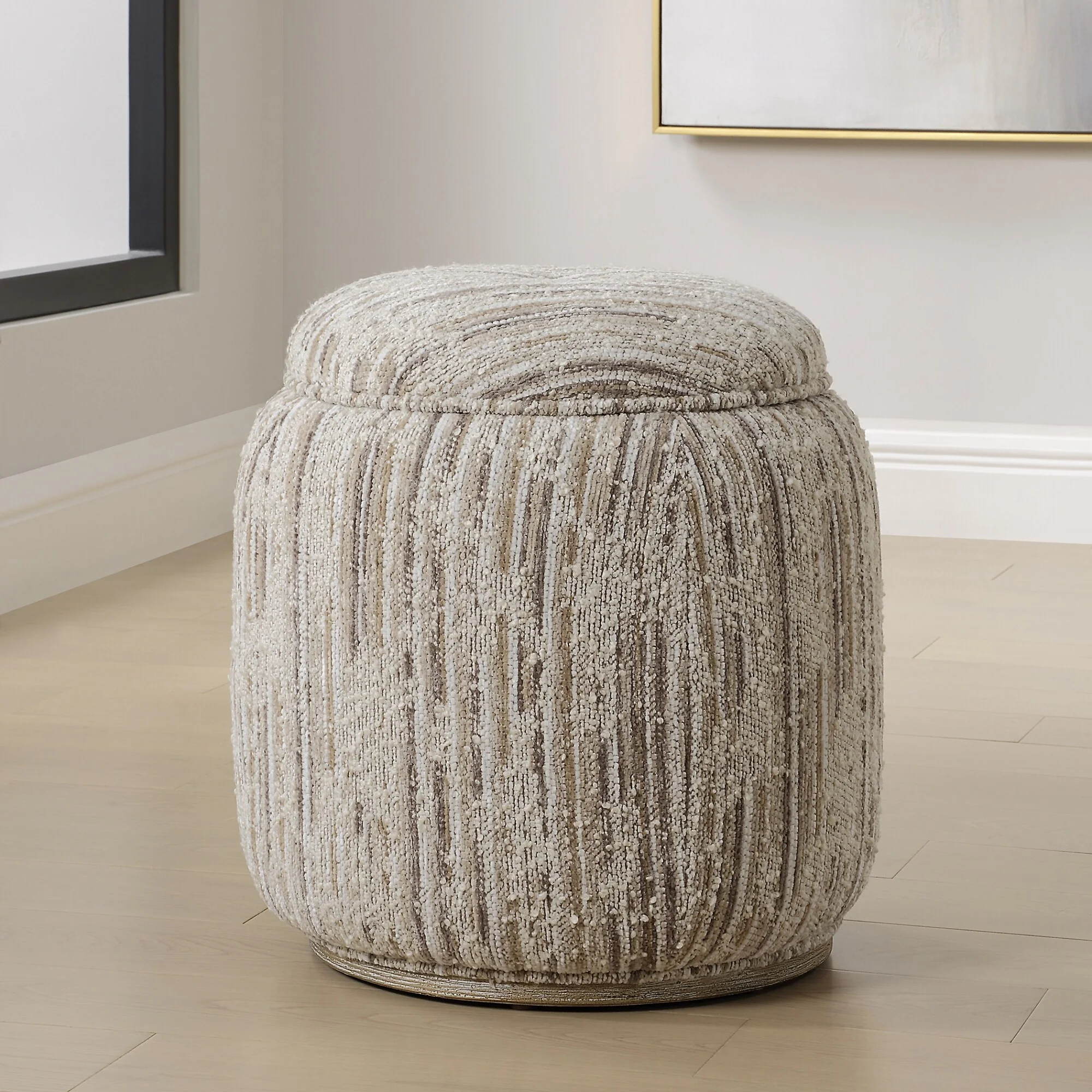 Striped Storage Pouf Ottoman with Wood Base - 18 - Cream and Brown