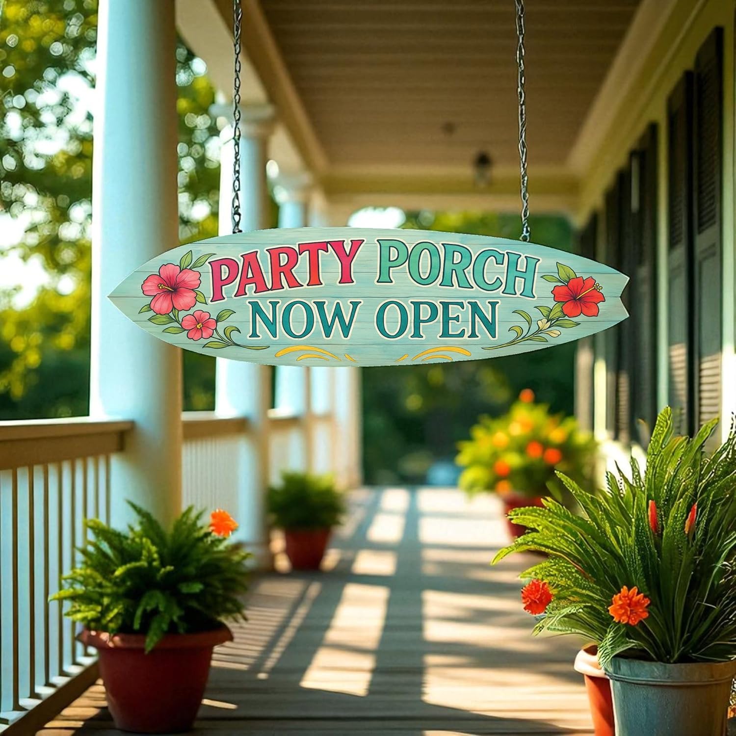 Party Porch Now Open Surfboard Sign – Tropical Hibiscus Outdoor Wall Decor for Porch, Patio, Tiki Bar, or Pool Area – Weatherproof PVC Beach House Decoration (3 Foot)