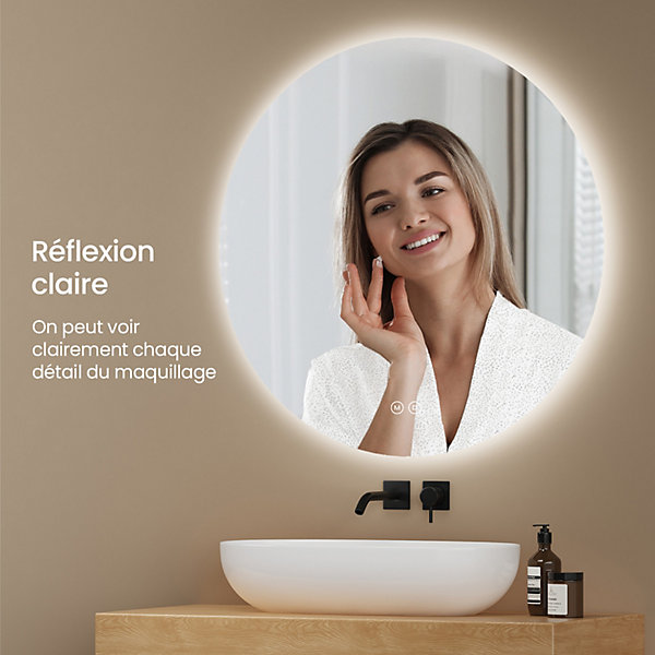 EMKE Miroir de Salle de Bain 50 cm Rond avec éclairage LED, Dimmable, Touch Switch, 3 Lumière Couleurs, IP44