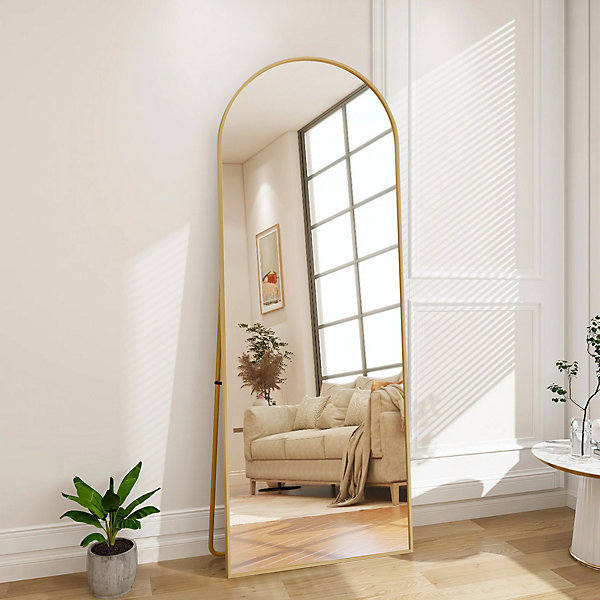 Miroir sur pied arqué, pouvant être posé ou fixé au mur, idéal pour la chambre. Doré, 164 x 54 cm