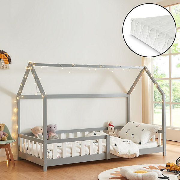 Lit cabane Hesel avec matelas à mousse froid 90 x 200 cm gris en.casa
