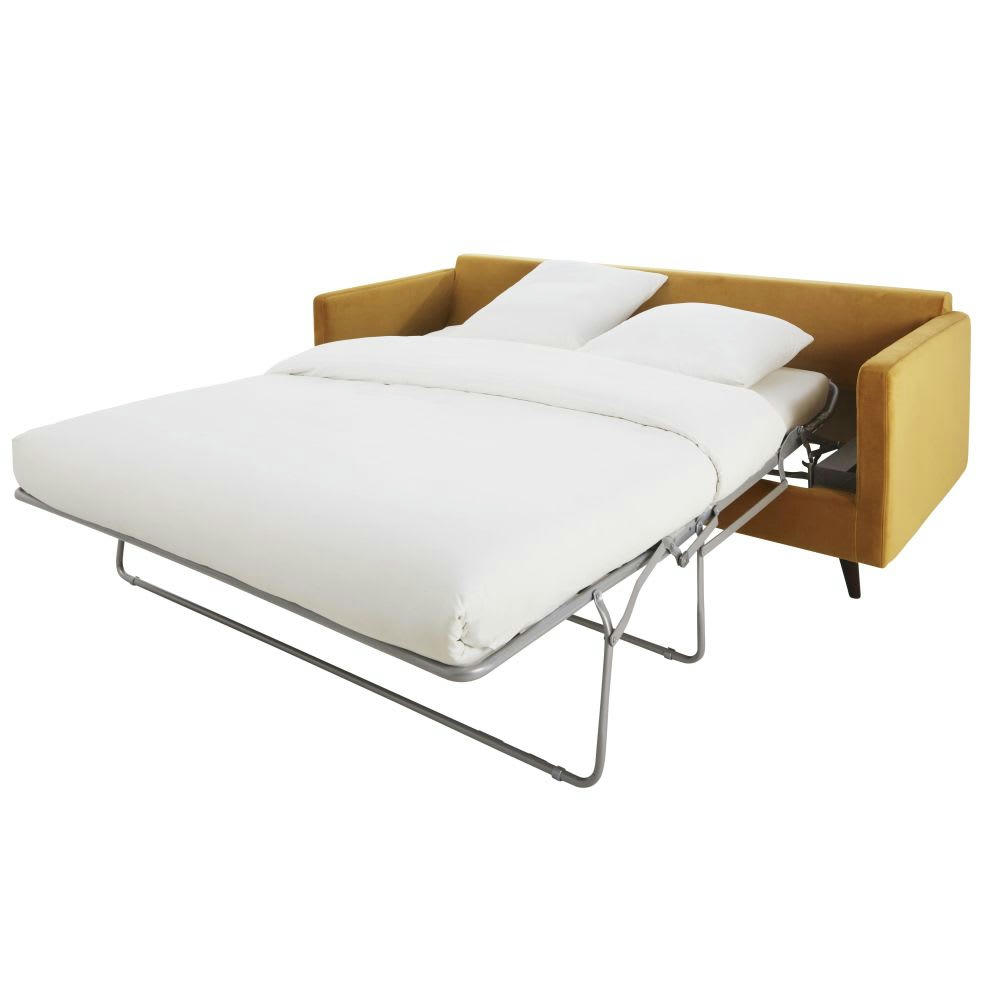 Kant - Canapé-lit 3/4 places en velours jaune ocre, matelas 10 cm