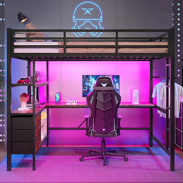 Lit Mezzanine 140x200 cm - Lit Double avec éclairage LED, Bureau et Prises USB, en Métal et MDF, sans Matelas, Noir