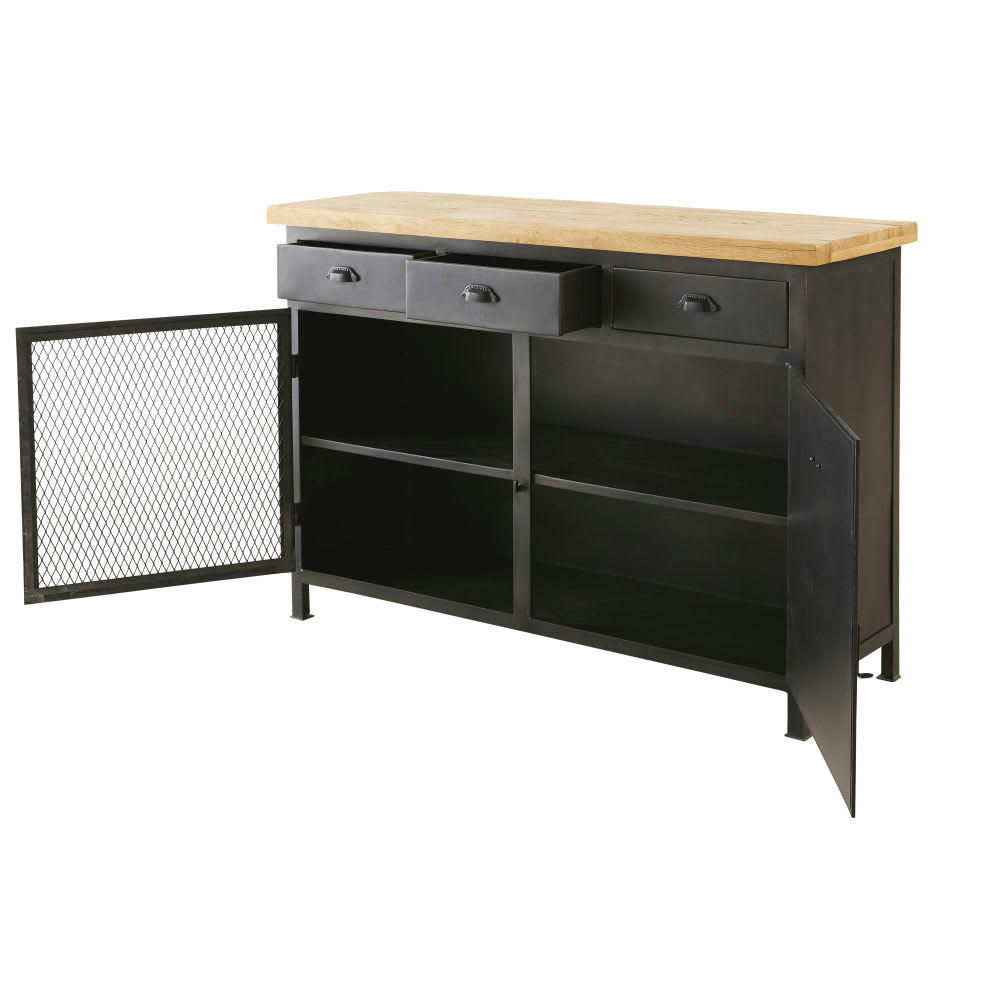 Konrad - Buffet 2 portes 3 tiroirs en métal gris et manguier massif