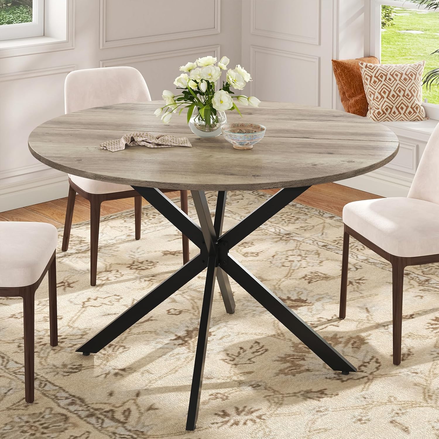 Unovivy 47 Inch Round Dining Table for 4, Space Saving Circle Dining Table with Pedestal Metal Frame, Farmhouse Wood Round Kitchen Table for Living & Dining Room, Light Ivory