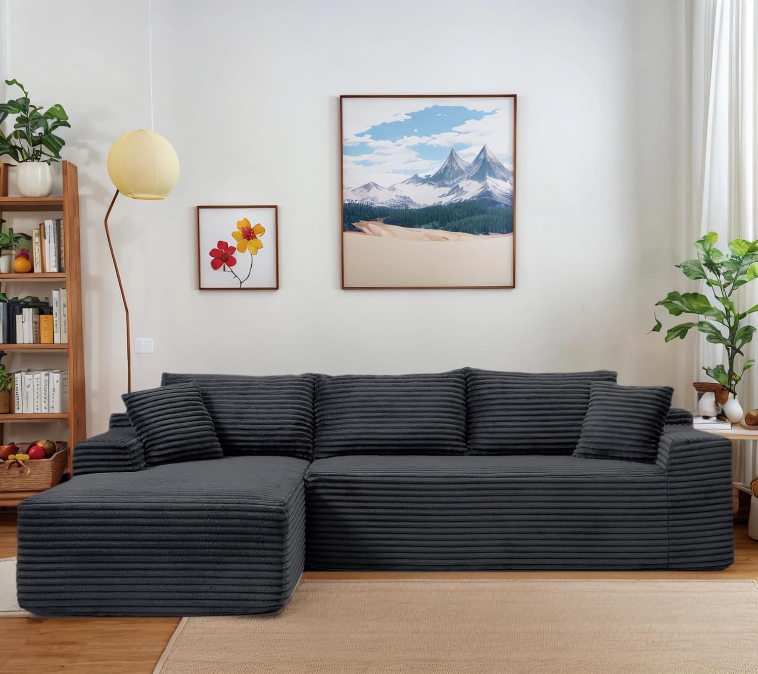 108 Cloud Sectional Couch, Modern Boneless Couch with L-Shape Chaise, Deep Seat Modular Sectional Sofa Corduroy Corner Couches for Living Room,No Assembly Required (Black, Left Facing Chaise)