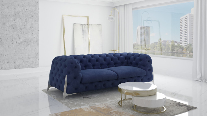 Ropez Miami sofa 3 pikowana wysokie nóżki welur granatowy