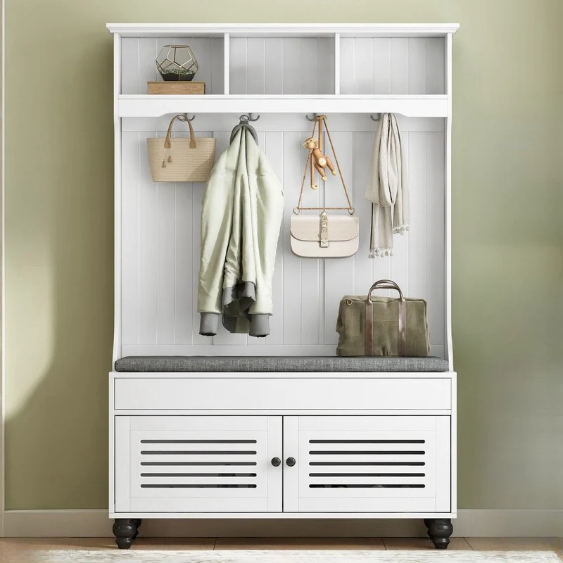 5-in-1 Entryway Bench with Shutter-shaped doors, Coat Rack, Cushion and 4 Sturdy Hooks, 47.2'' W Hall Tree