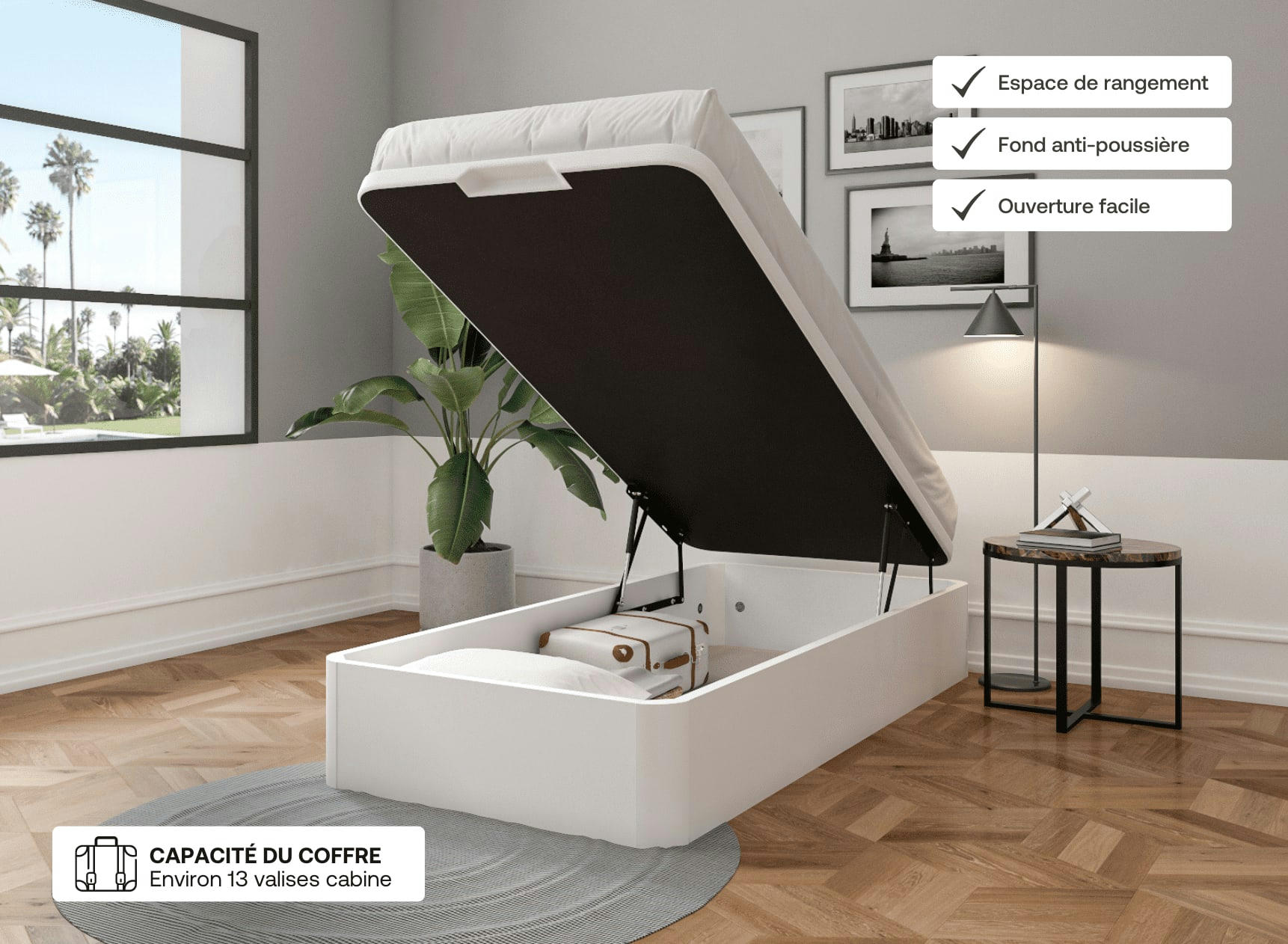 BASTIA - Lit coffre en bois 90x200 Blanc