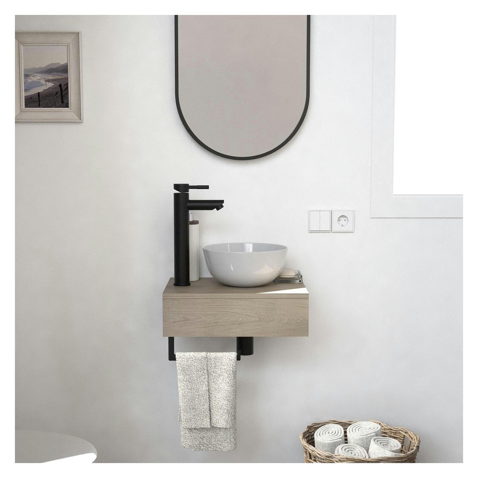 SOHO - Meuble lave-mains  plan épais vasque blanche + robinet + miroir