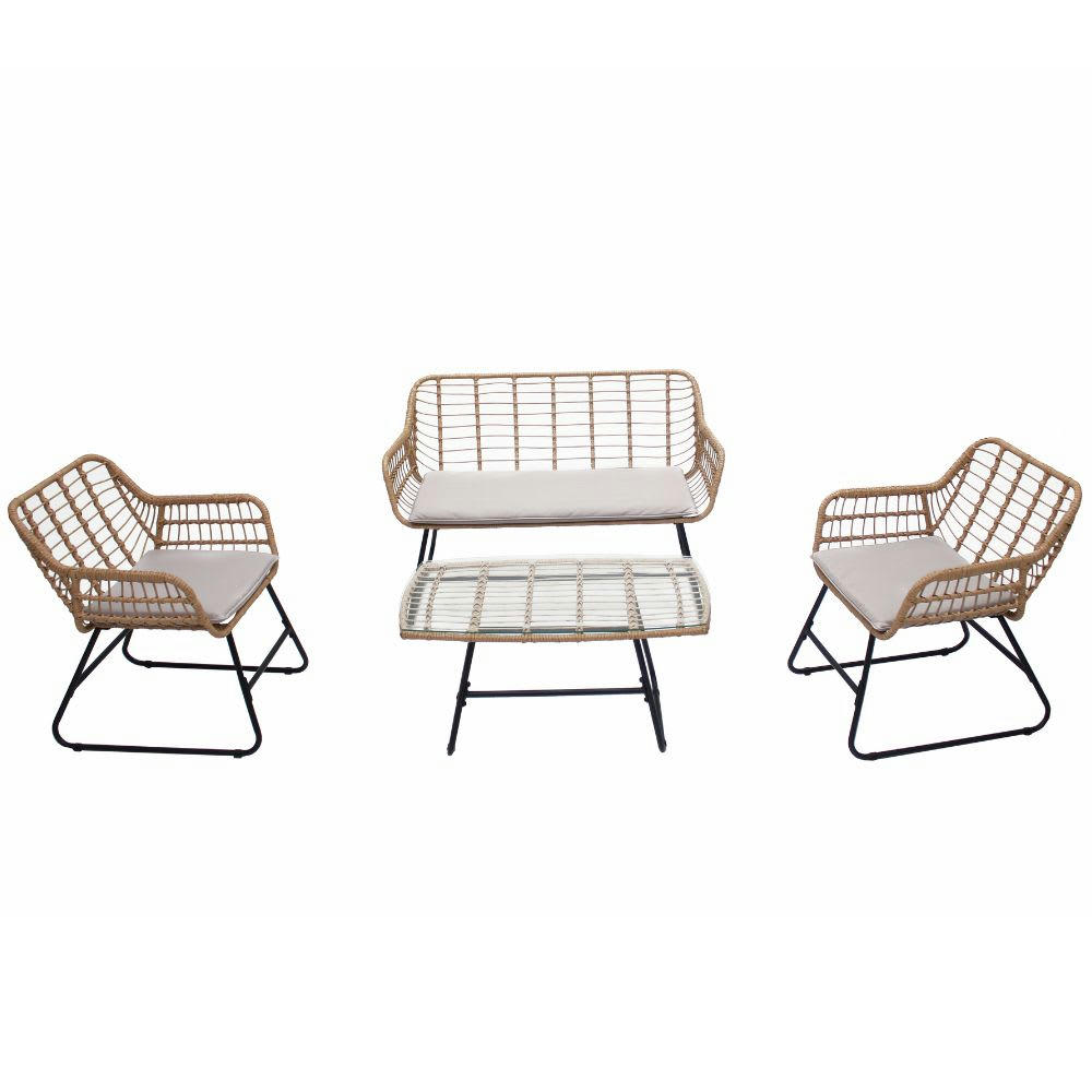 PAREA - Salon de jardin 4 places en rotin et acier beige et noir