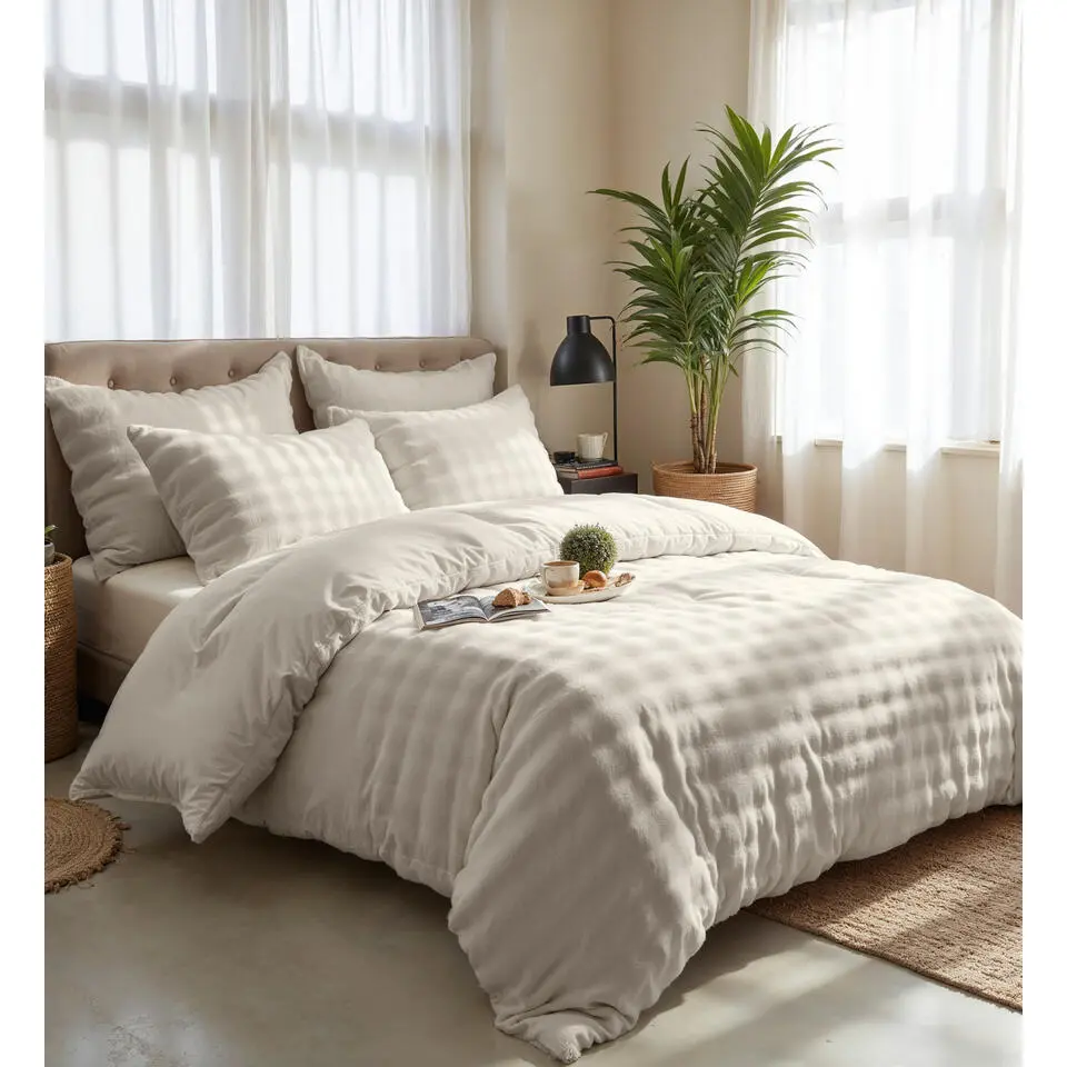 Dekbedovertrek 140x220 �?Pompom Design & Warm Flanel Fleece - Beige