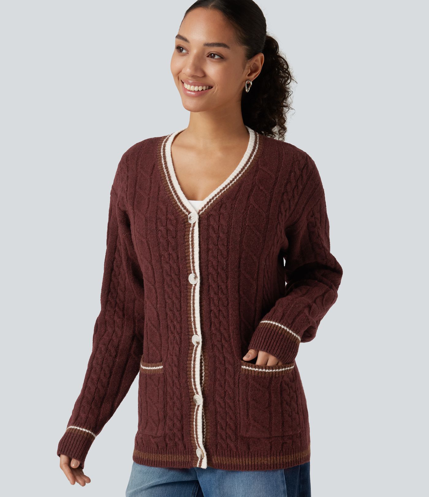 Cardigan de bureau color block à col V, manches longues avec poches