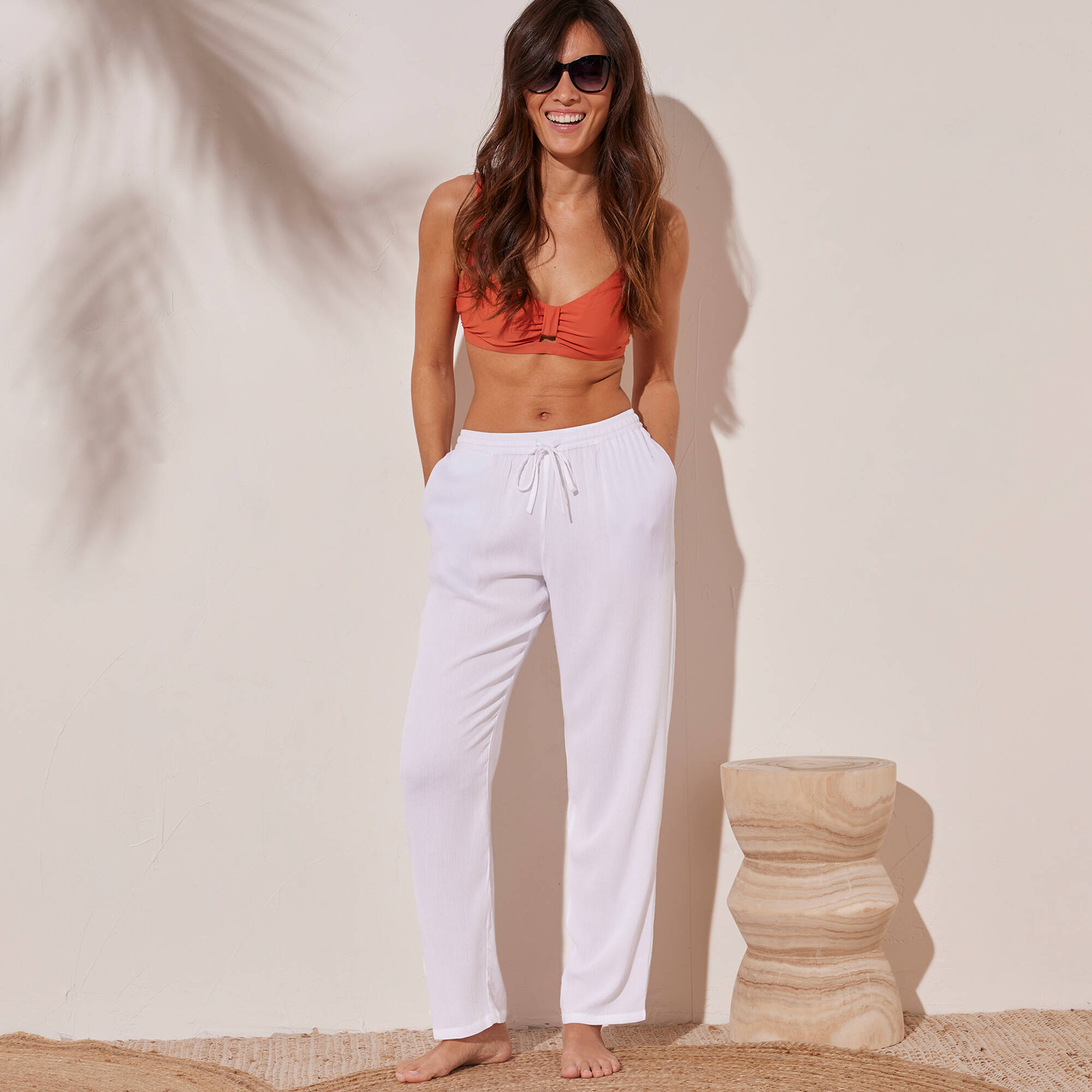 Pantalon droit uni, crépon fluide