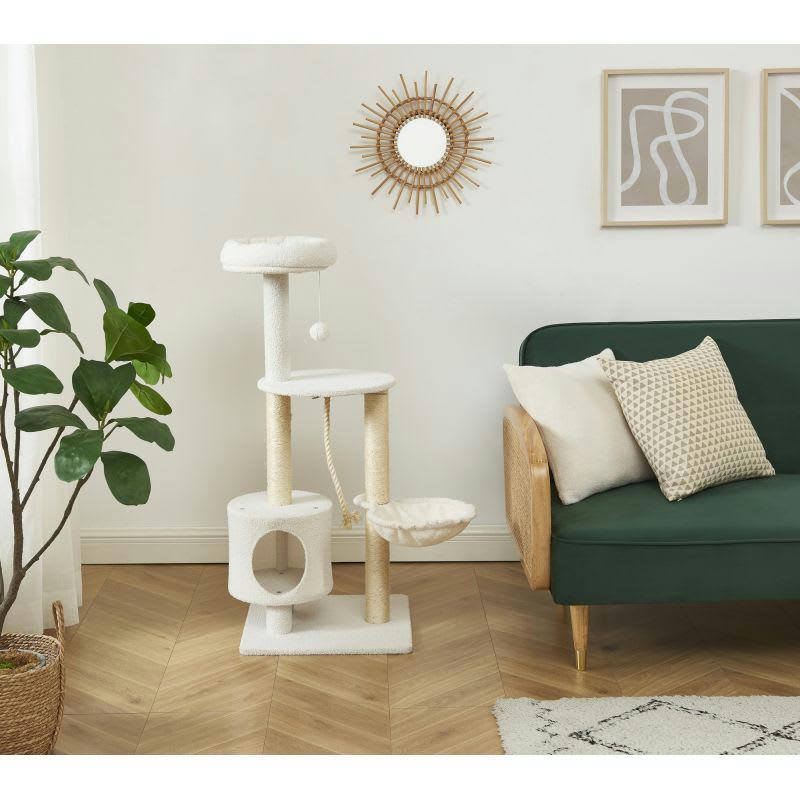 MINOS - Arbre à chat tissu bouclette blanc