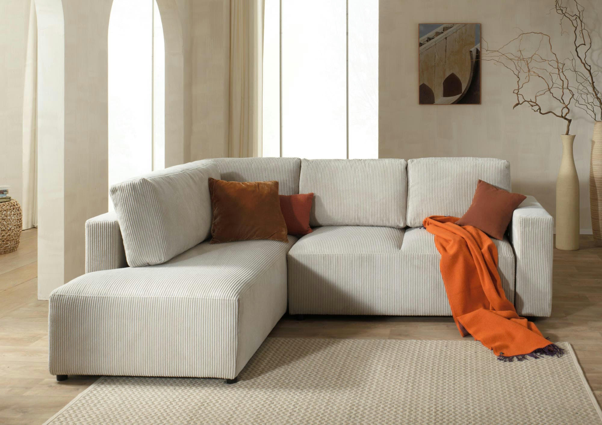 LIVY - Canapé d'angle gauche convertible 5 places en velours côtelé beige