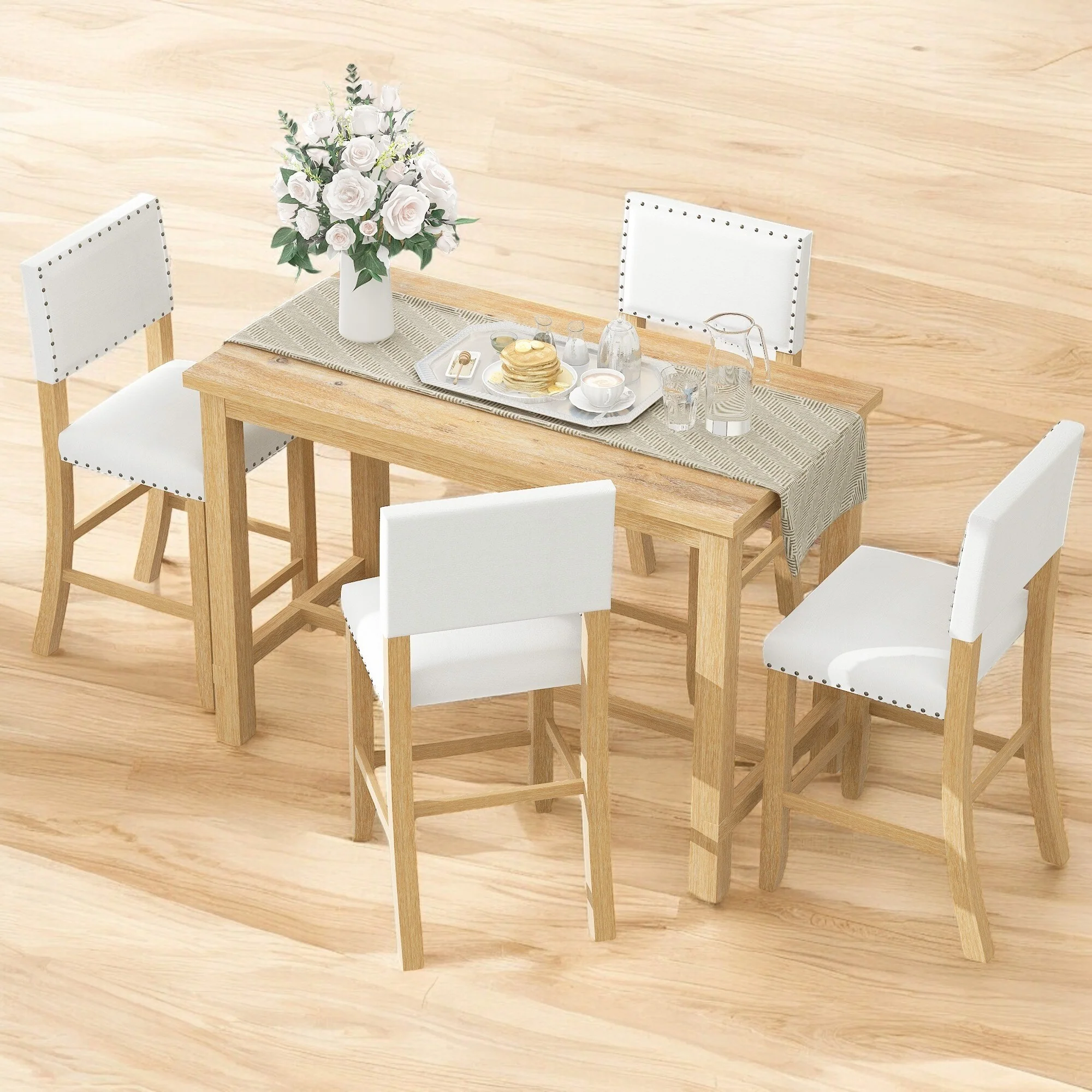 5-Piece Counter Height Dining Set with Wooden Table & 4 Cushioned Chairs, Distressed Finish for Dining Room & Kitchen